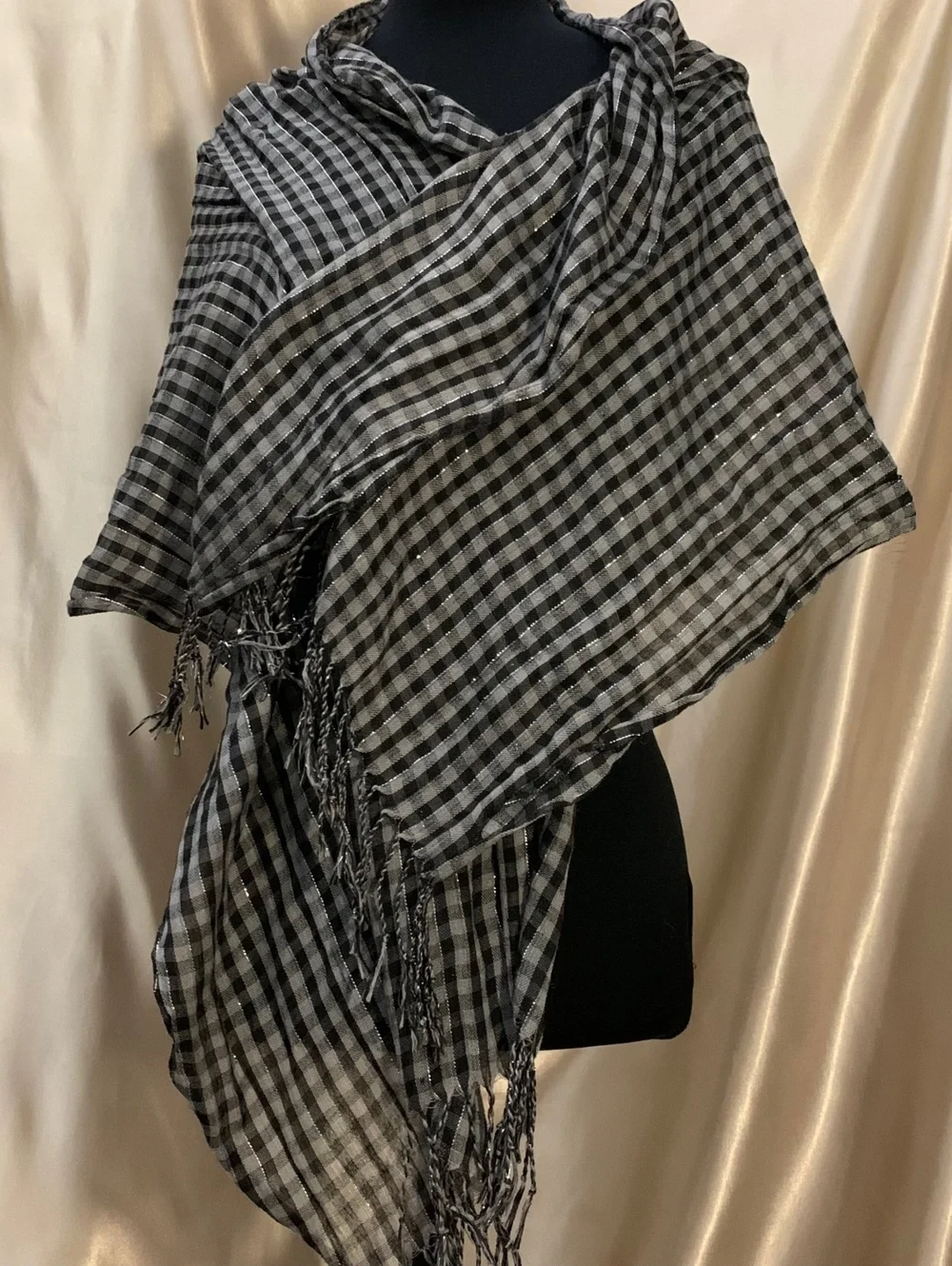 Black Gray Checkered Gingham Plaid Scarf Silver Metallic Stripe Fringe Emo